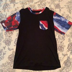 red/white/blue sleeve shirt